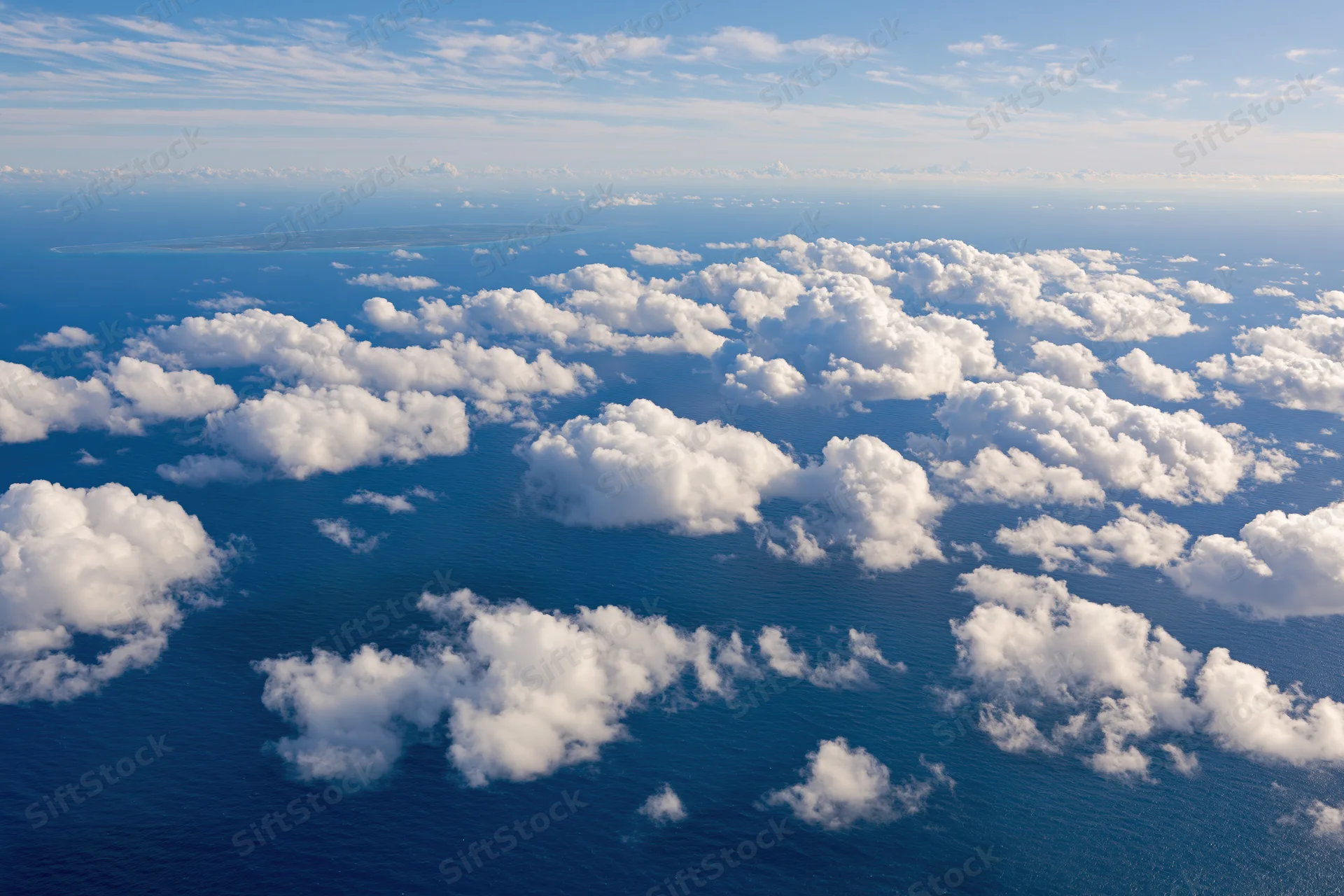 Aerial view of white clouds floating over deep blue ocean with distant island on horizon