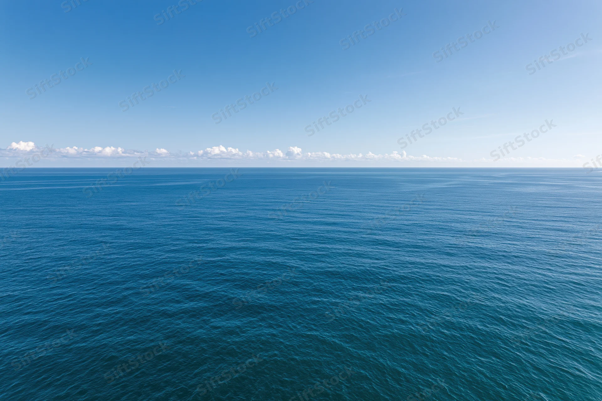 Aerial view of calm ocean stretching to horizon under clear blue sky