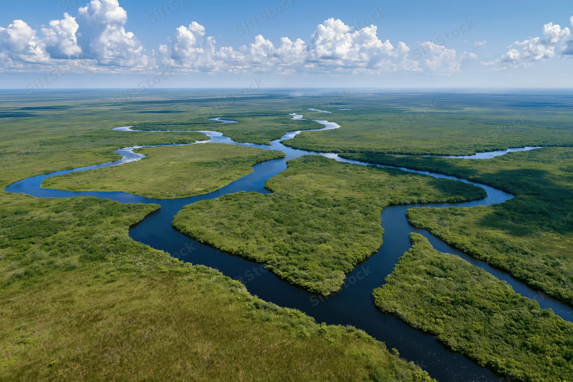 Aerial view of meandering river through green wetlands in florida everglades