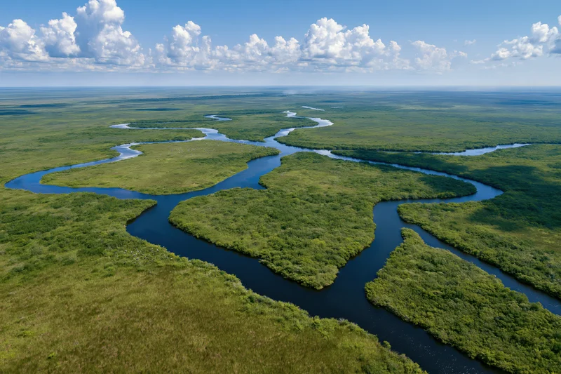Aerial view of meandering river through green wetlands in florida everglades