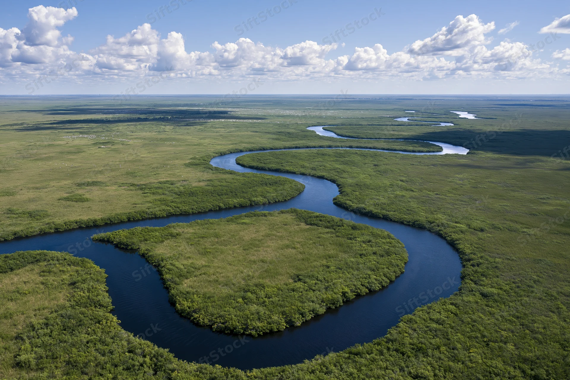 Aerial view of winding river through florida everglades wetlands under cloudy sky