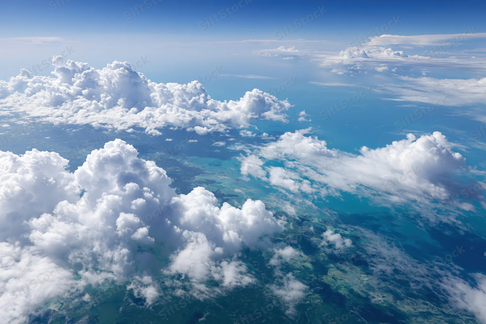 Aerial view of clouds above turquoise ocean and coastline from high altitude