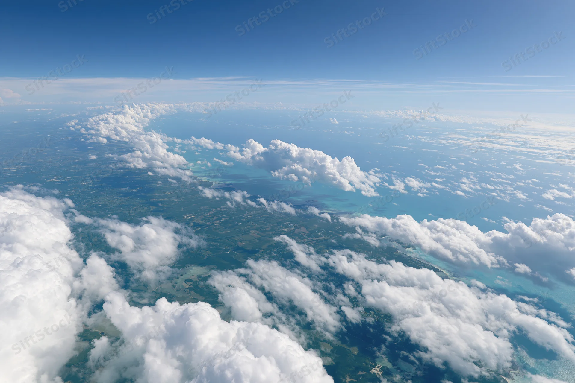 Aerial view of turquoise ocean and coastline from above clouds