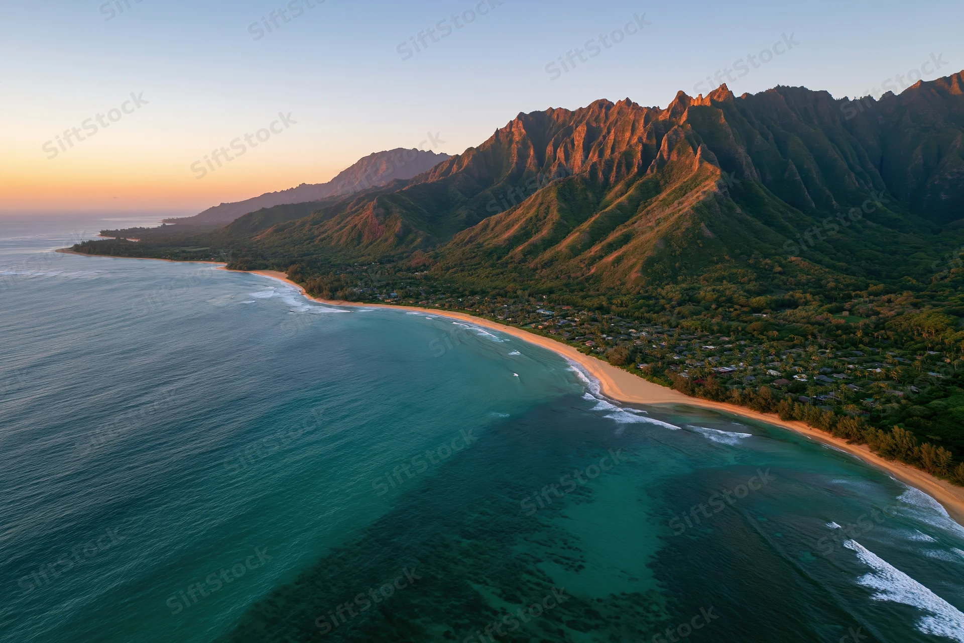 Aerial view of a curved hawaiian beach with golden sand meeting turquoise ocean at sunset along a mountainous coastline