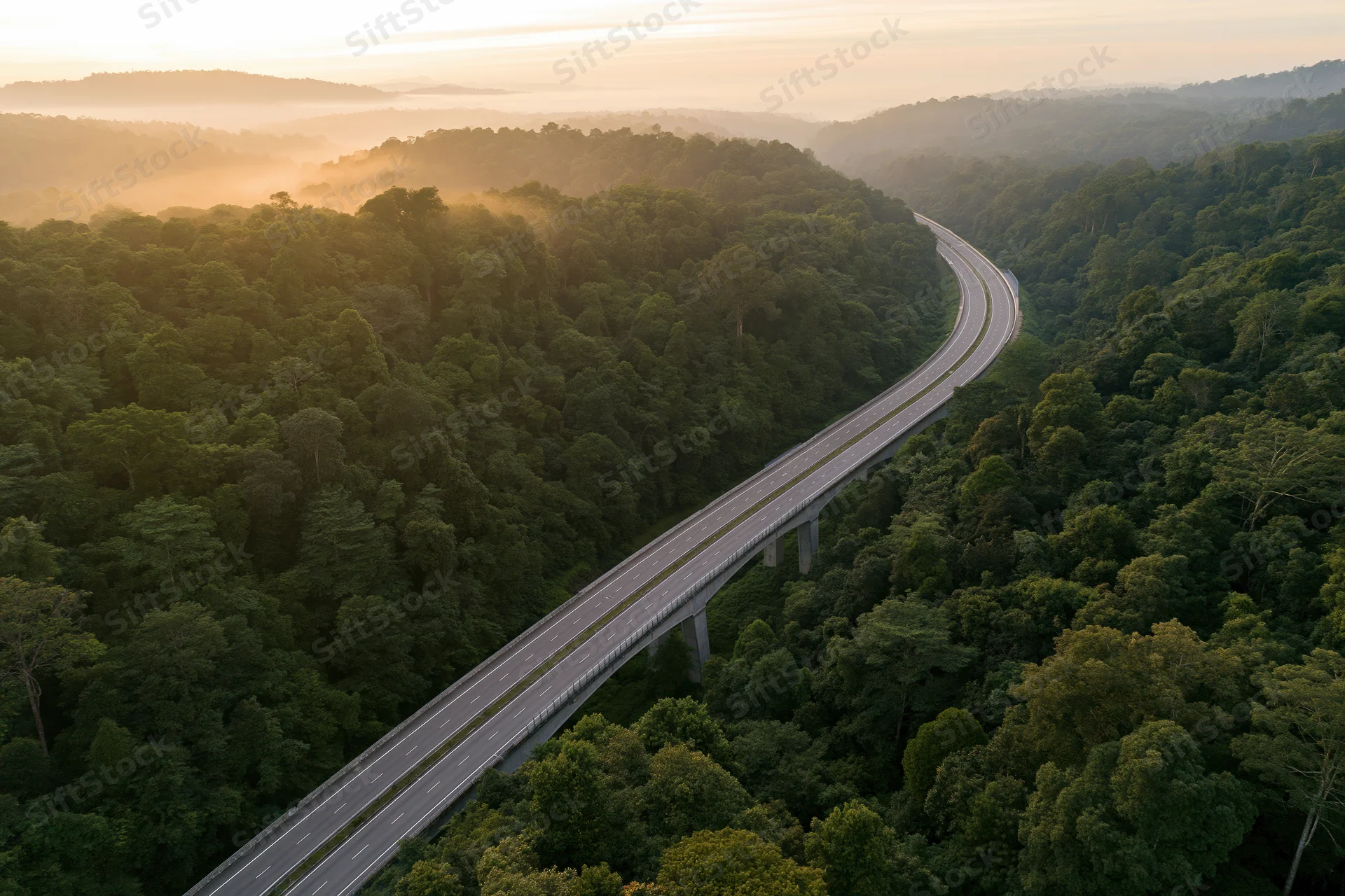 Aerial view of a curved elevated highway viaduct winding through dense green forest at sunrise