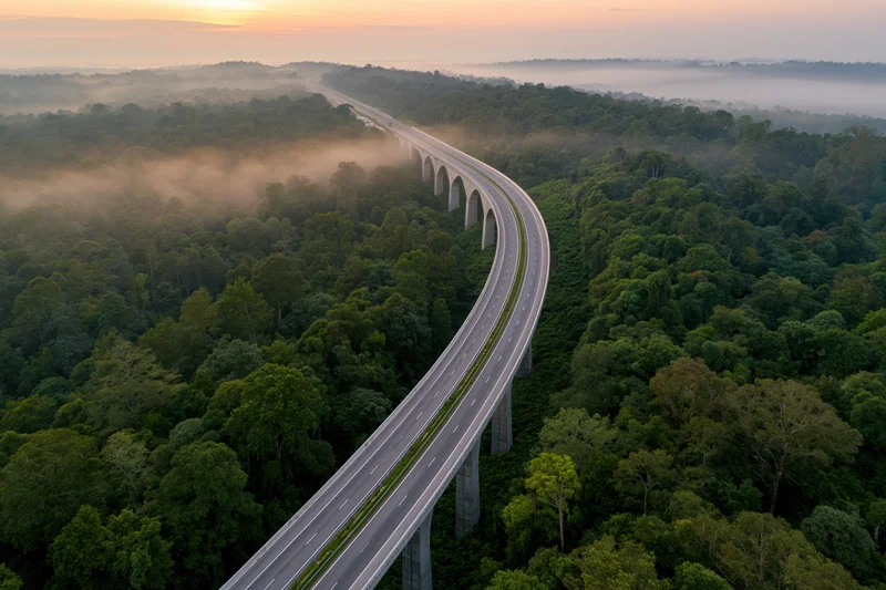 Aerial view of a curved elevated highway viaduct winding through a misty forest at sunrise