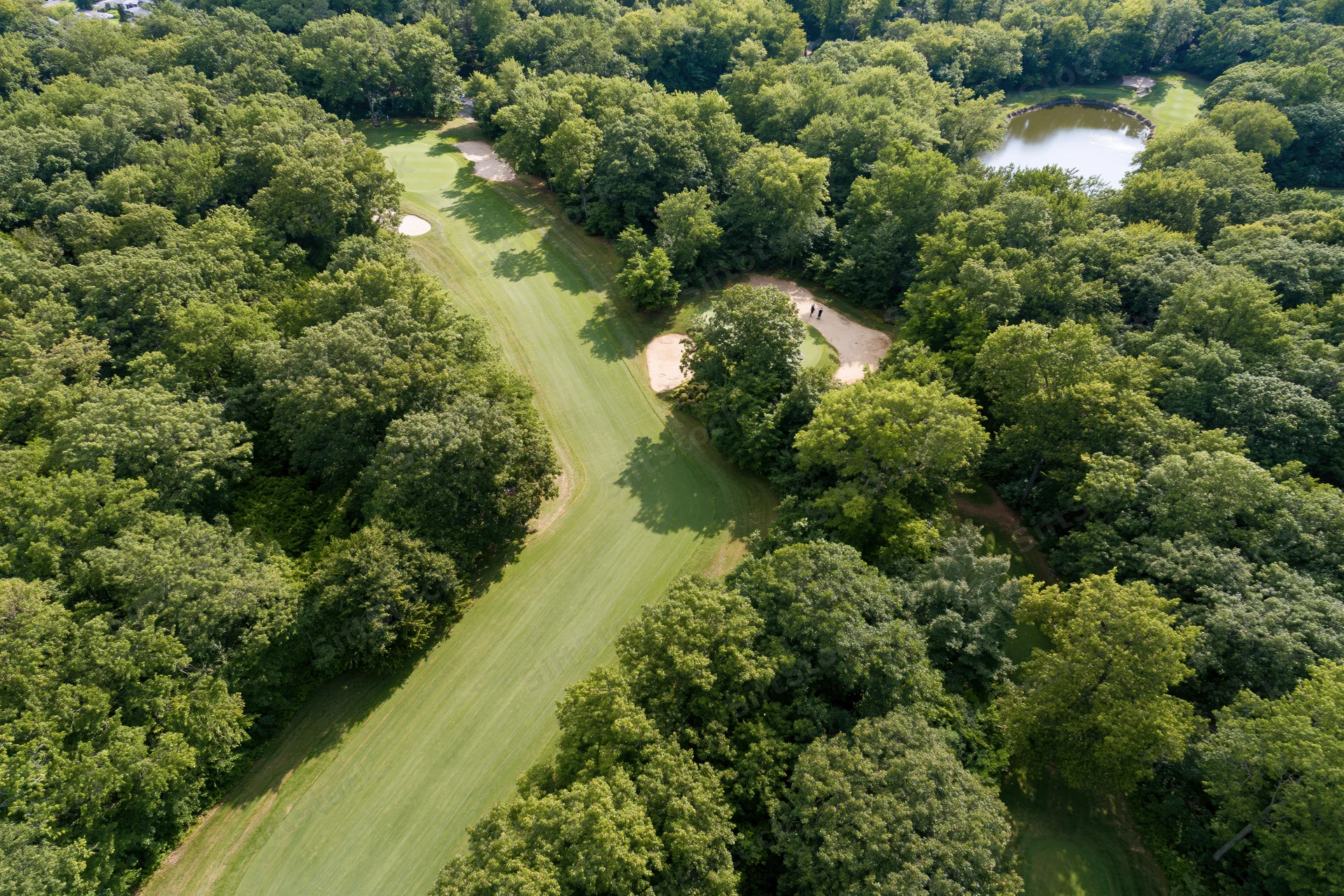 Aerial view of a golf course fairway winding through dense trees with sand traps and a pond nearby