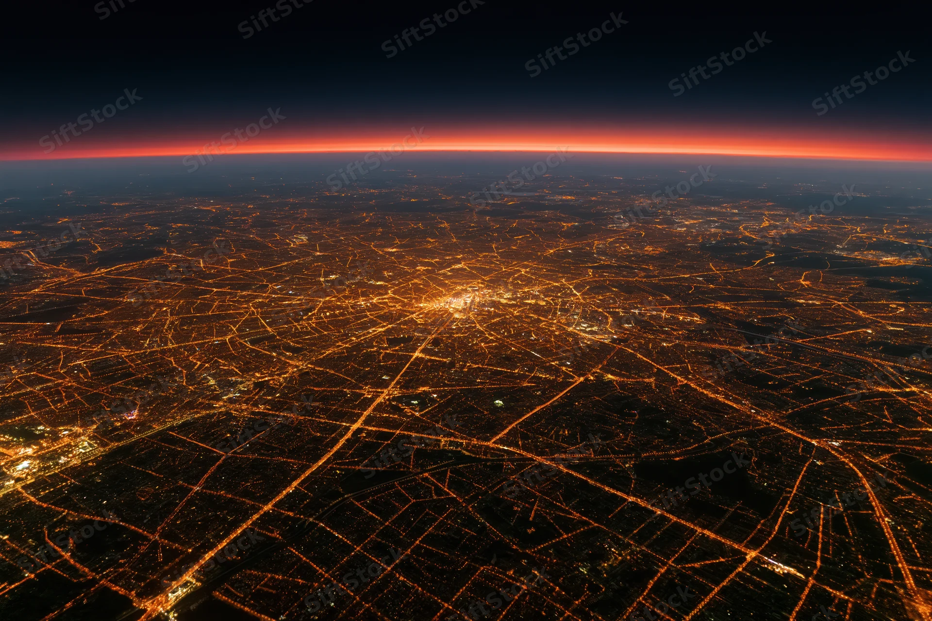 Aerial view of a european city at night showing illuminated streets and urban grid from above