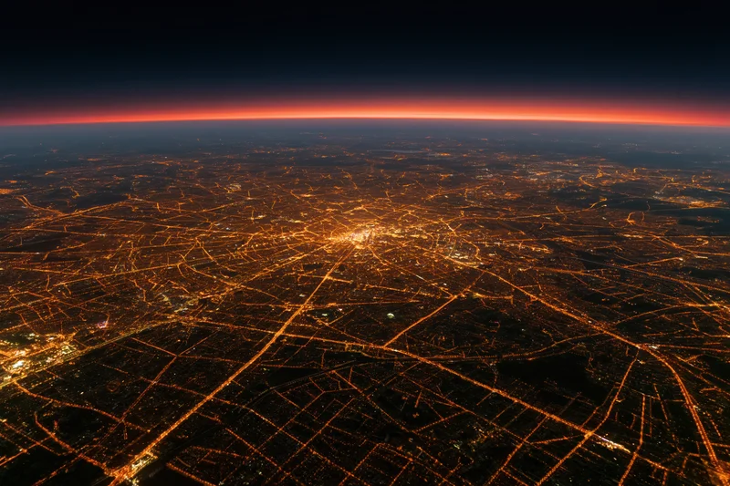 Aerial view of a european city at night showing illuminated streets and urban grid from above