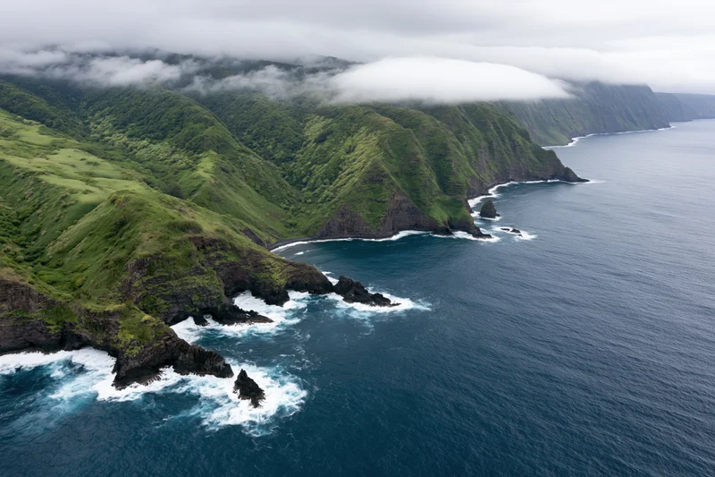 Aerial view of rugged volcanic coastline with steep green cliffs meeting the ocean