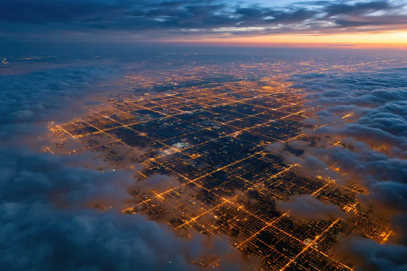 Aerial view of a sprawling city at night from above clouds showing grid of illuminated streets and buildings