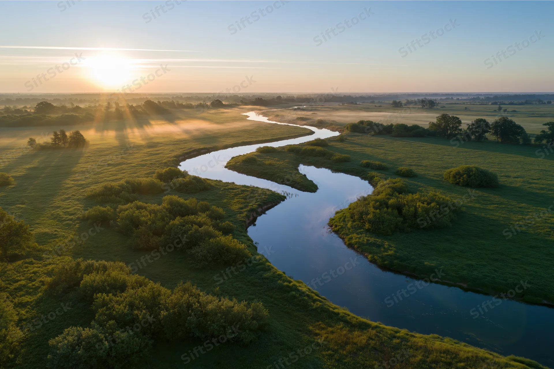 Aerial view of a winding river flowing through a green meadow at sunrise