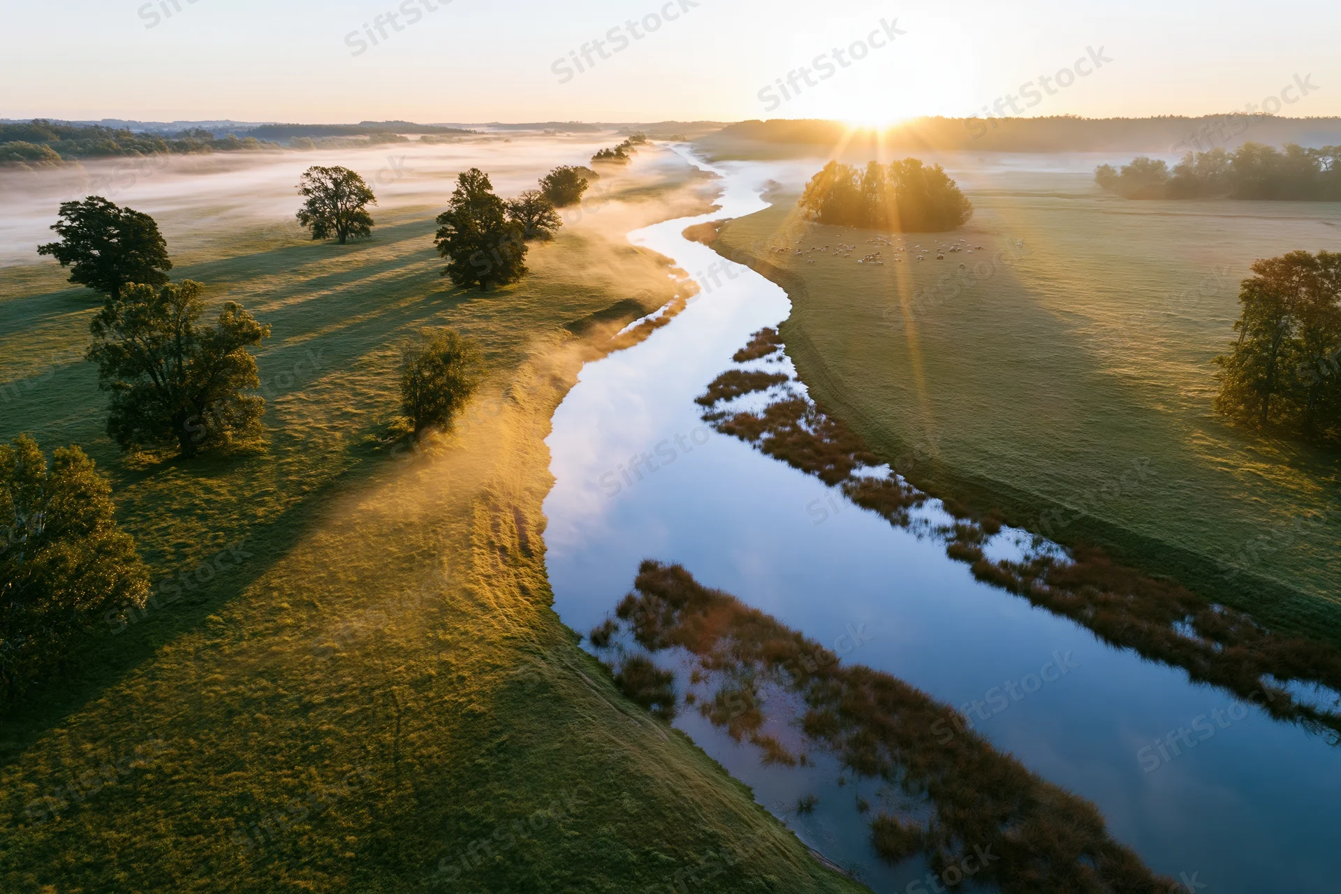Aerial view of a winding river snaking through flat green meadows at sunrise
