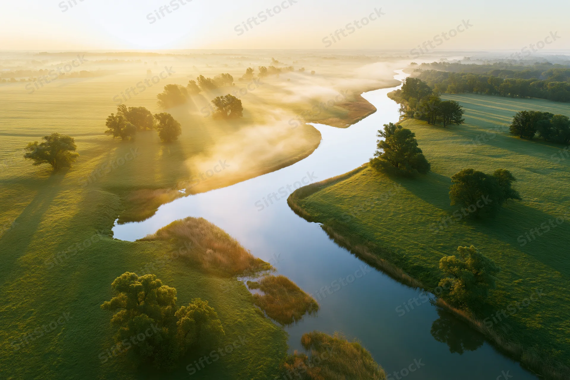 Aerial view of a winding river flowing through green meadows at sunrise with mist rising over the fields