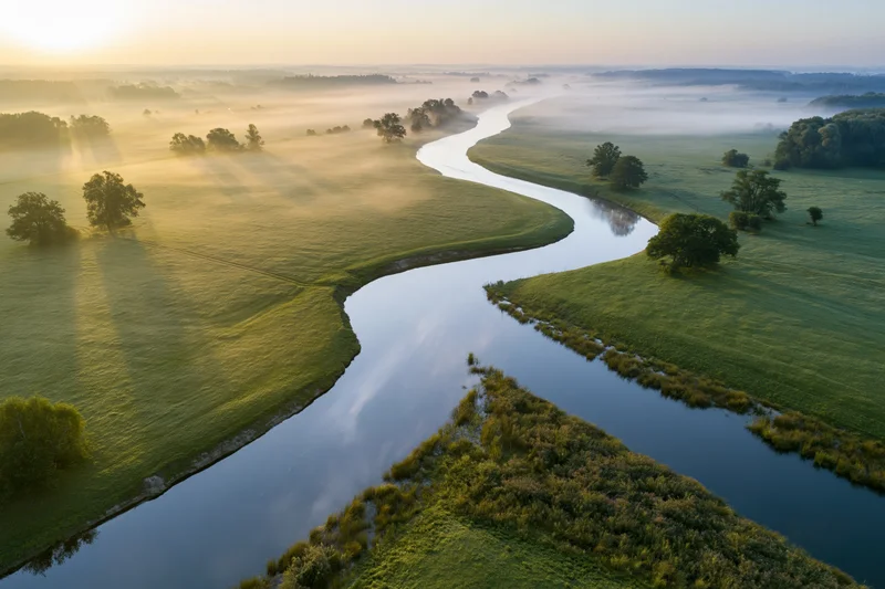 Aerial view of a winding river snaking through flat green meadows at sunrise