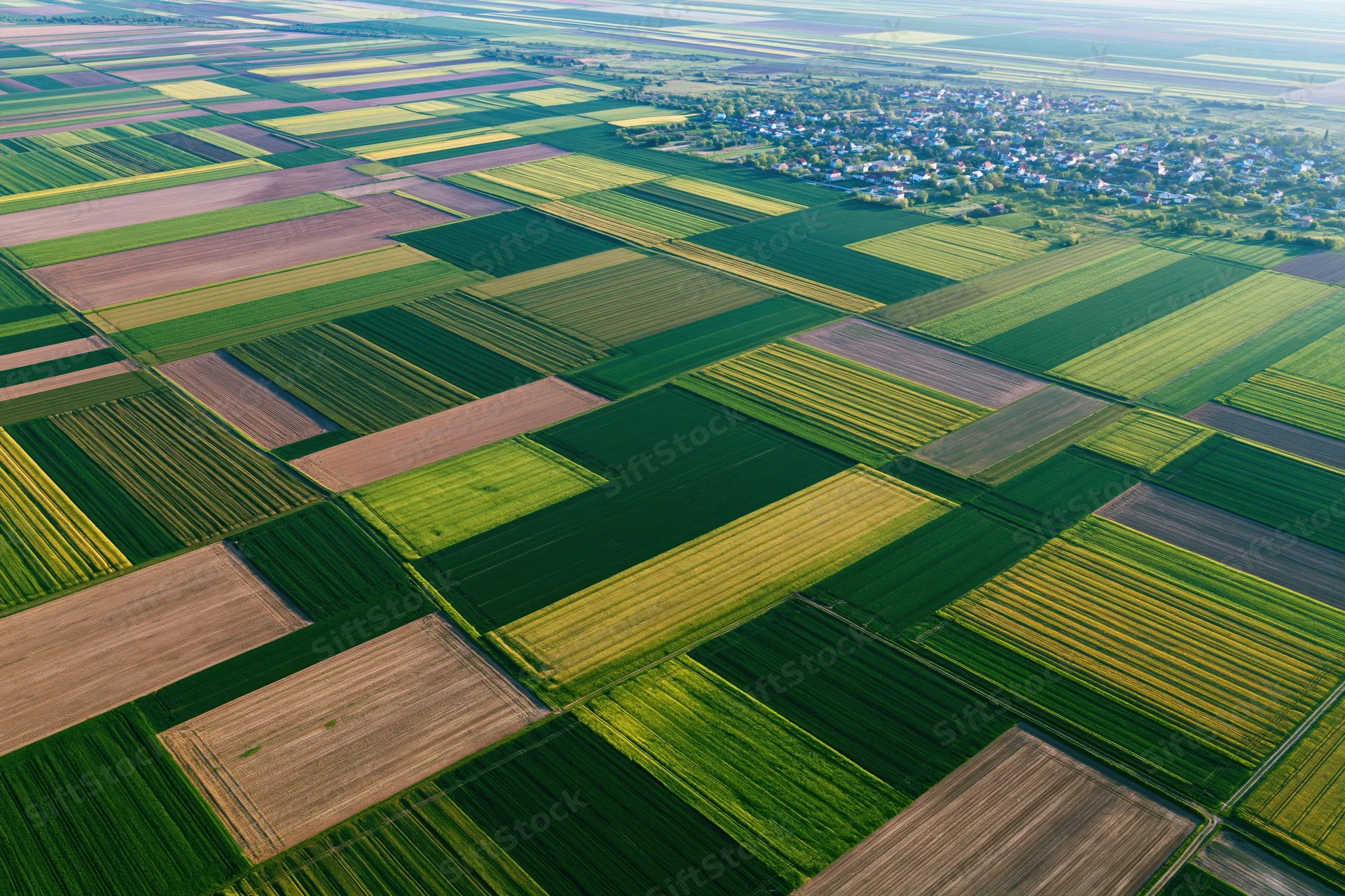 Aerial view of patchwork agricultural fields stretching to the horizon with a small village in the distance