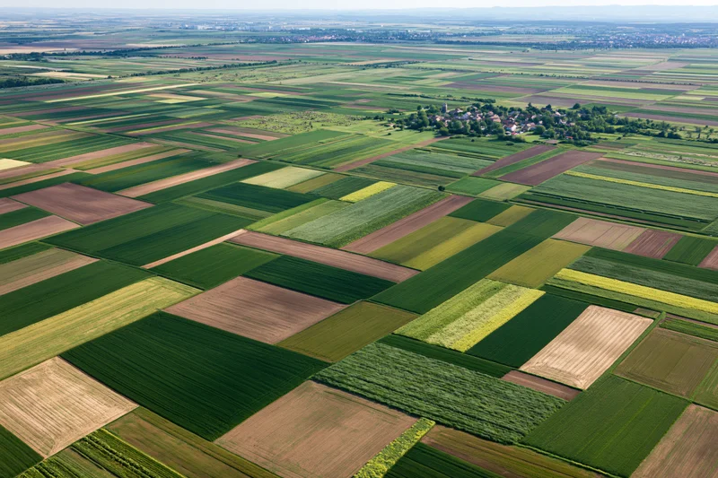 Aerial view of patchwork agricultural fields stretching to the horizon