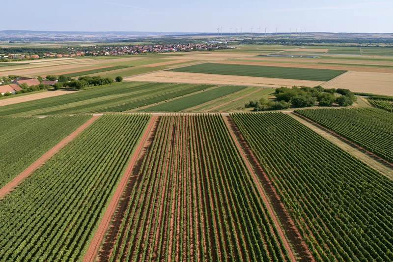 Aerial view of vineyard rows and agricultural fields in rural landscape