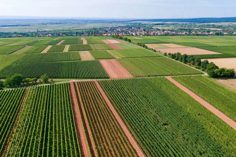 Aerial view of vineyard rows and agricultural fields in rural landscape