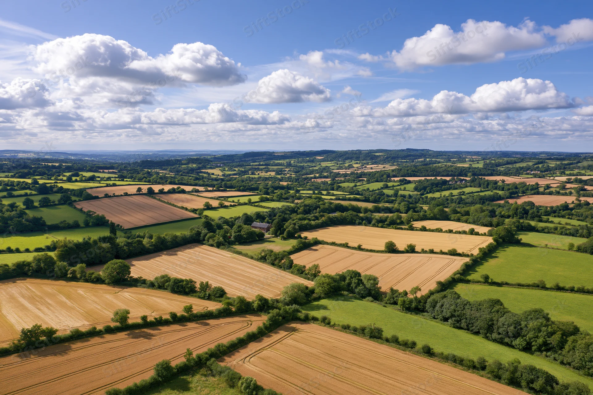Aerial view of rolling countryside with patchwork farmland and hedgerows under a blue sky with white clouds