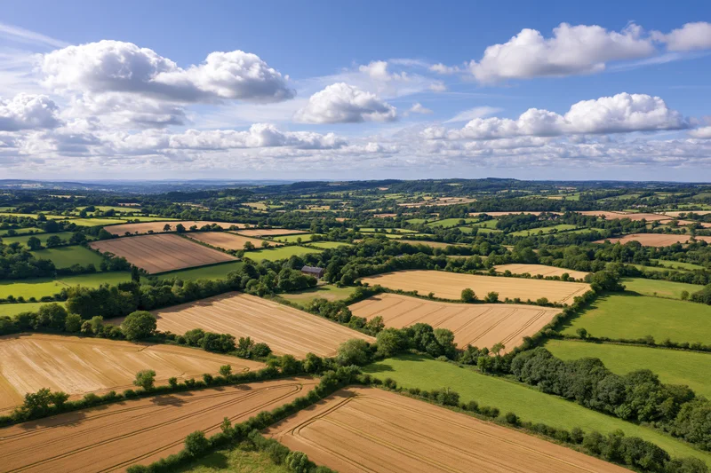 Aerial view of rolling countryside with patchwork farmland and hedgerows under a blue sky with white clouds