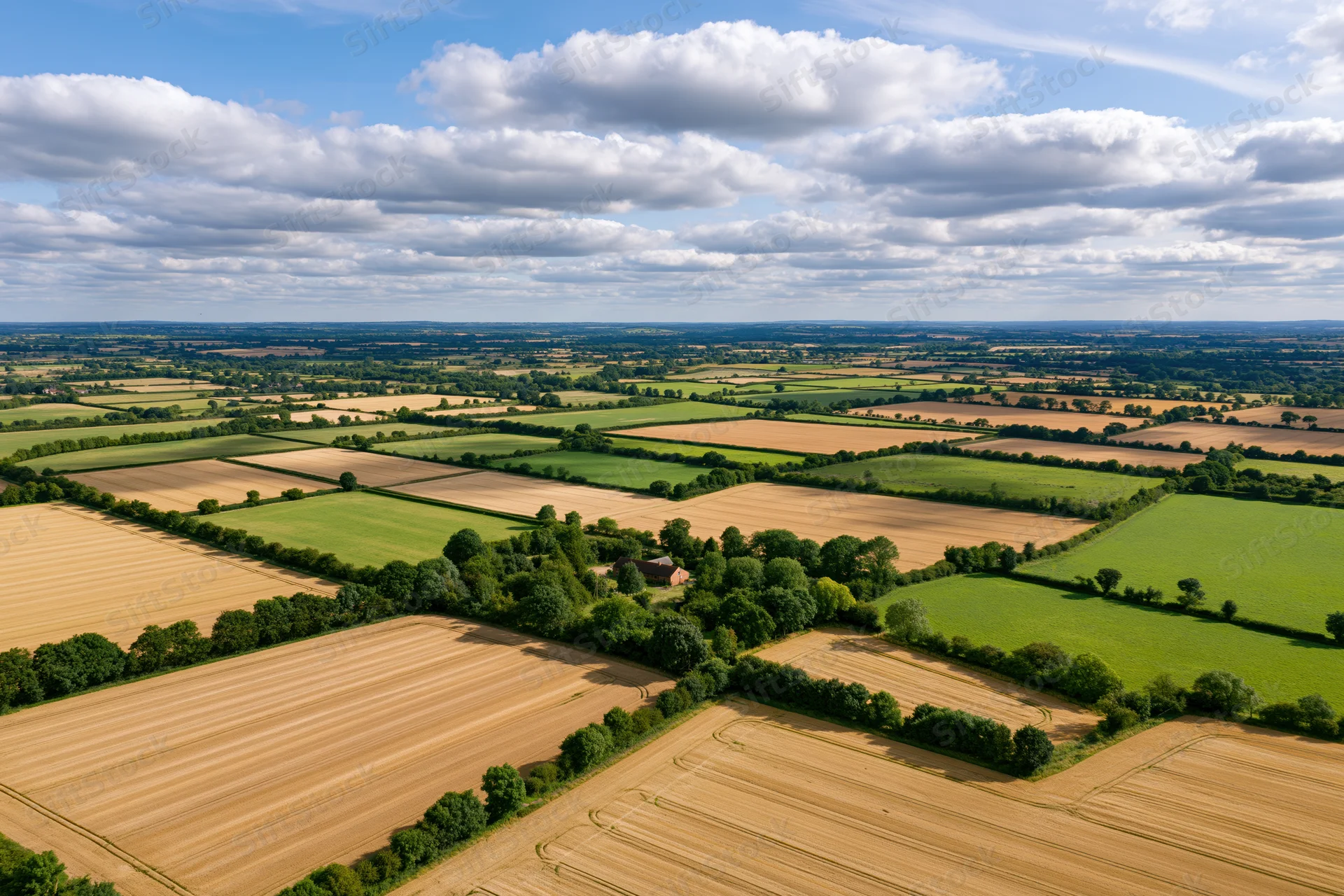 Aerial view of patchwork farmland in the english countryside