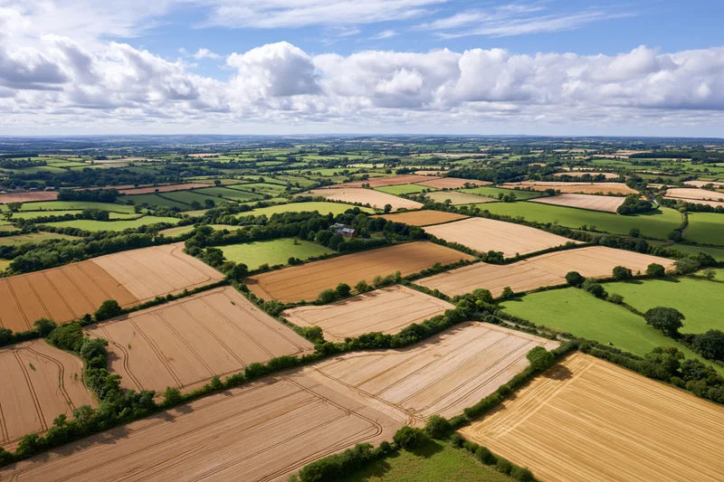 Aerial view of patchwork farmland in the English countryside under a partly cloudy sky