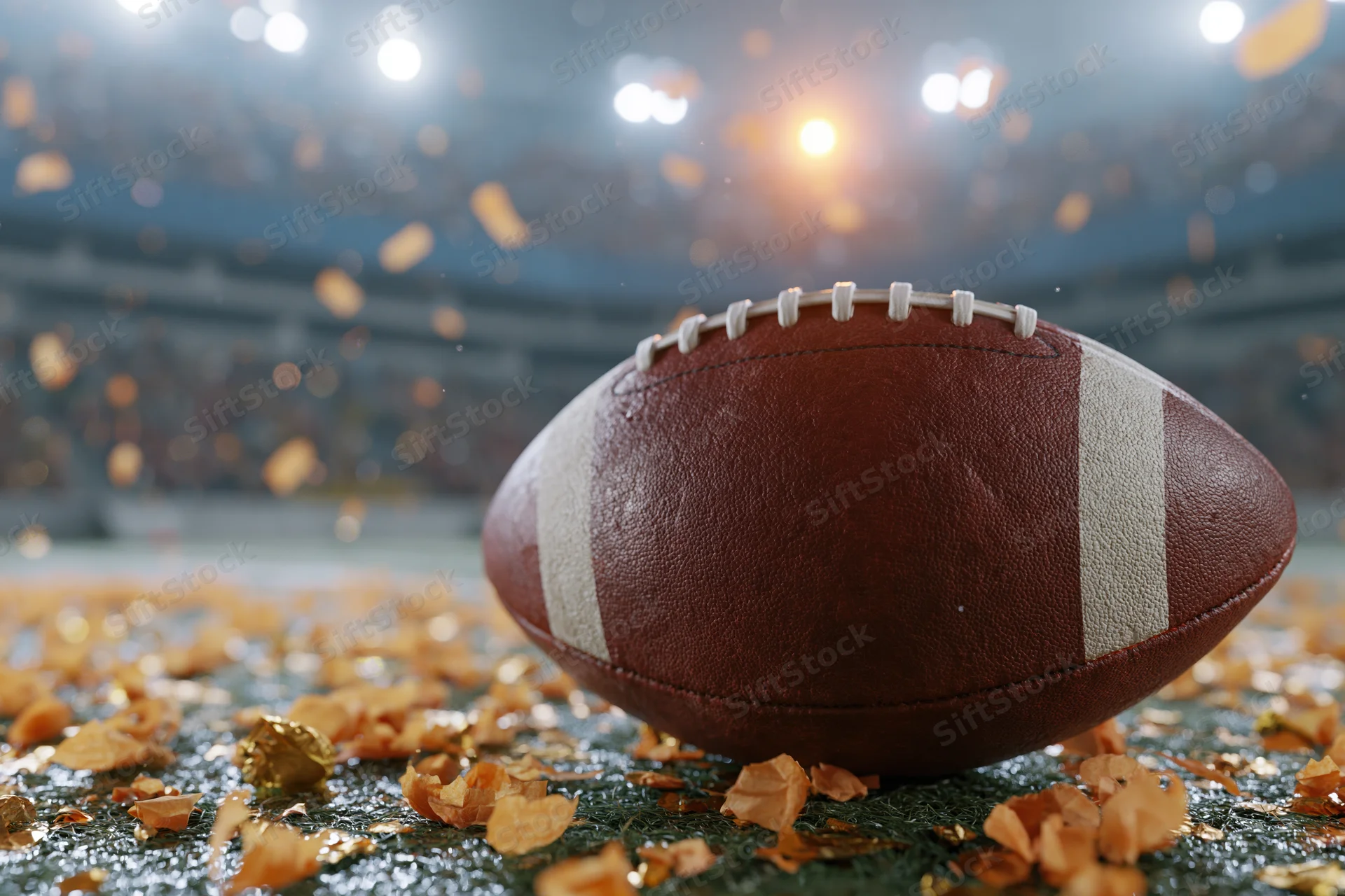 American football resting on wet stadium turf with confetti and stadium lights in background