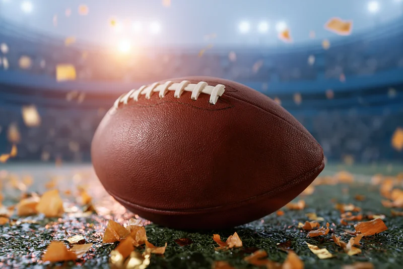 American football resting on wet stadium turf with confetti scattered around