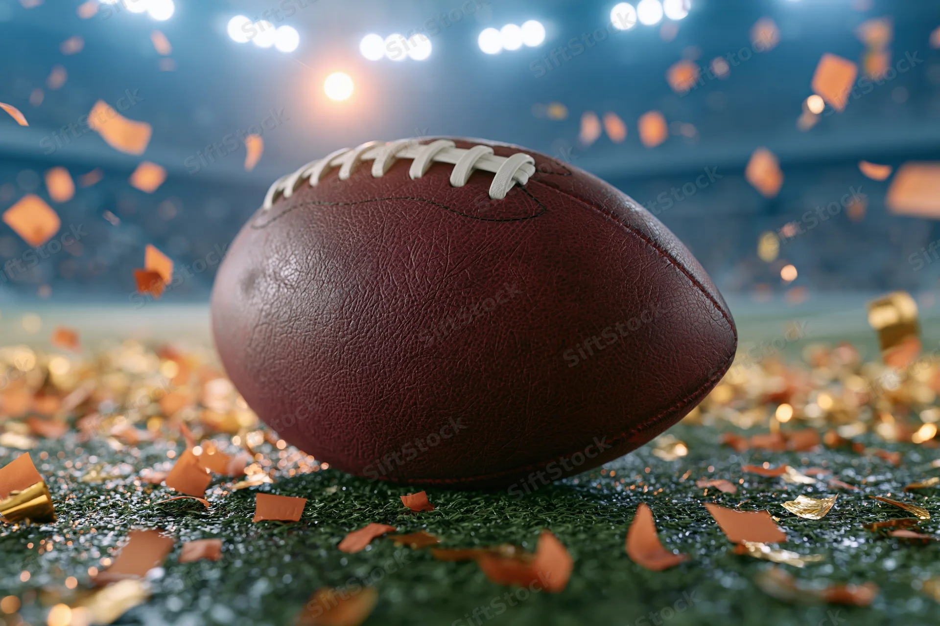 American football resting on wet stadium turf with falling confetti under stadium lights
