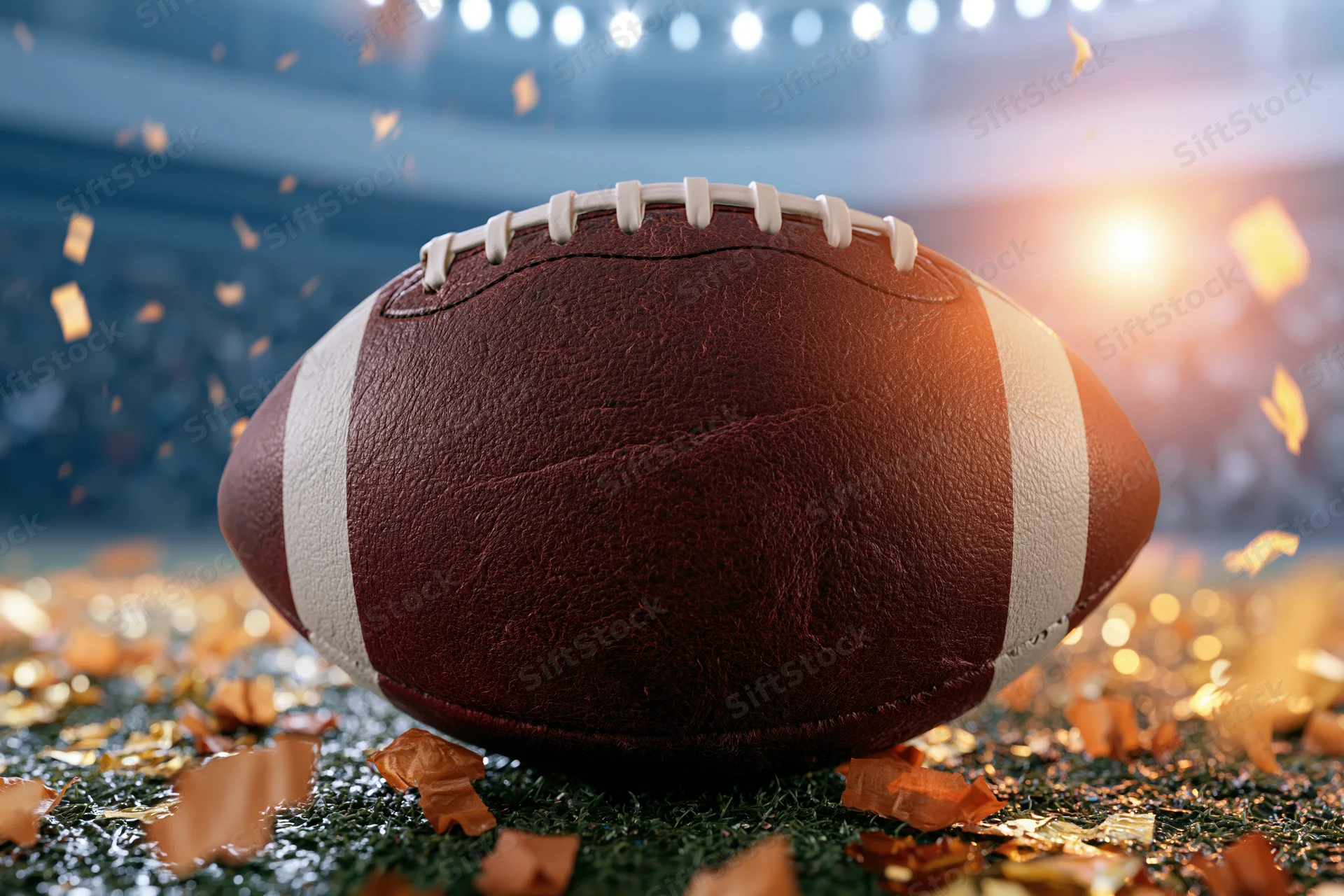 American football resting on wet stadium turf with confetti and lights in background
