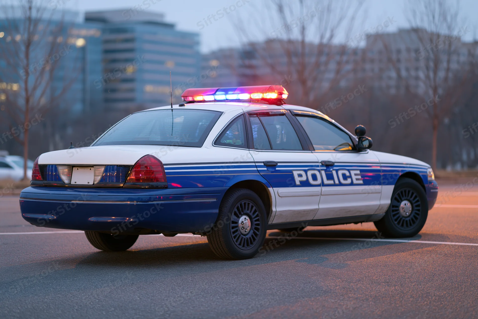 Police patrol car with flashing emergency lights parked on city street at dusk
