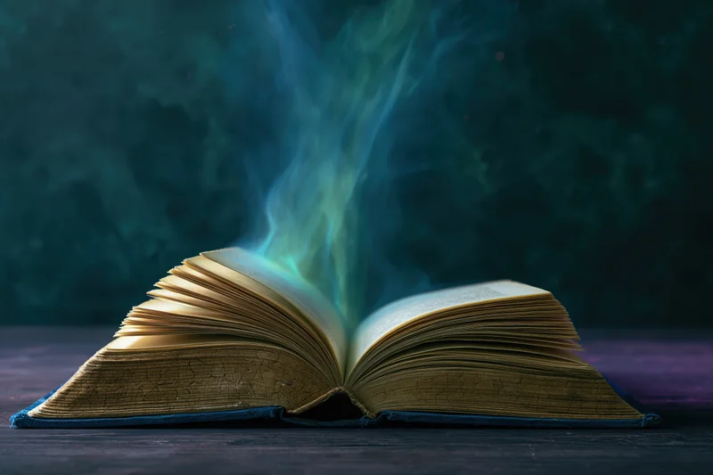 Open old weathered hardcover book with glowing blue green smoke rising from pages on dark wooden surface