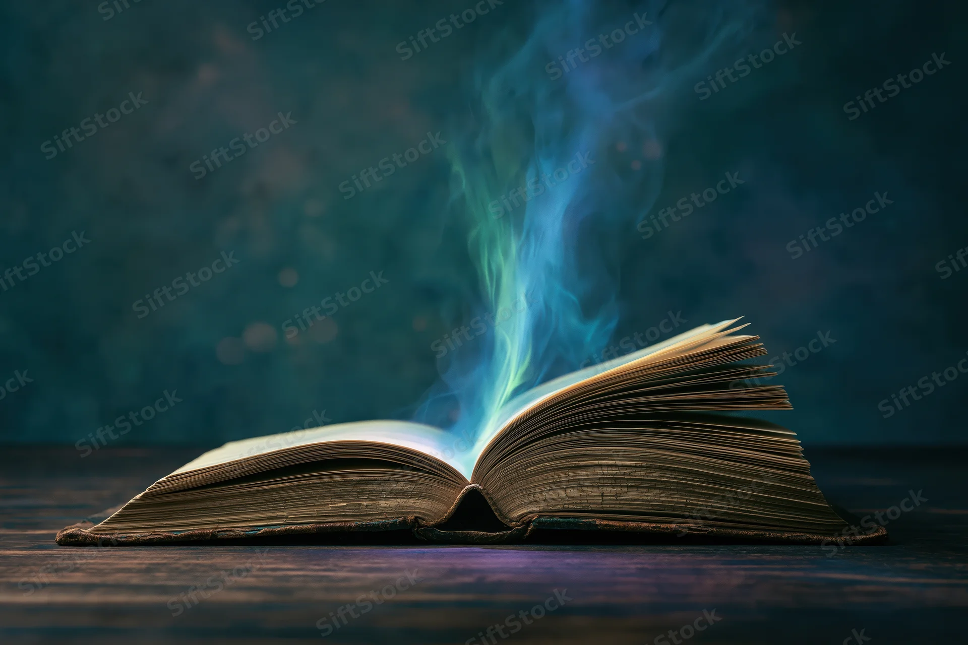 Open old weathered hardcover book with glowing blue smoke rising from pages on dark wooden table