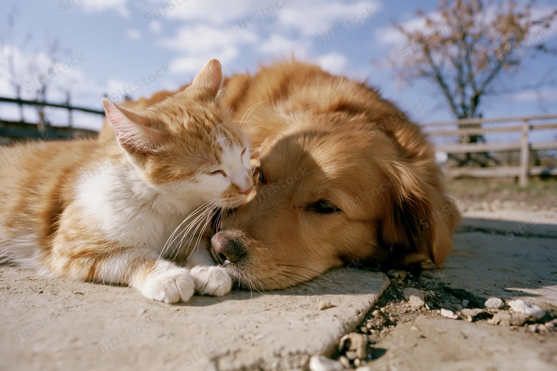 Orange-and-white cat cuddling with golden-brown dog on pavement outdoors
