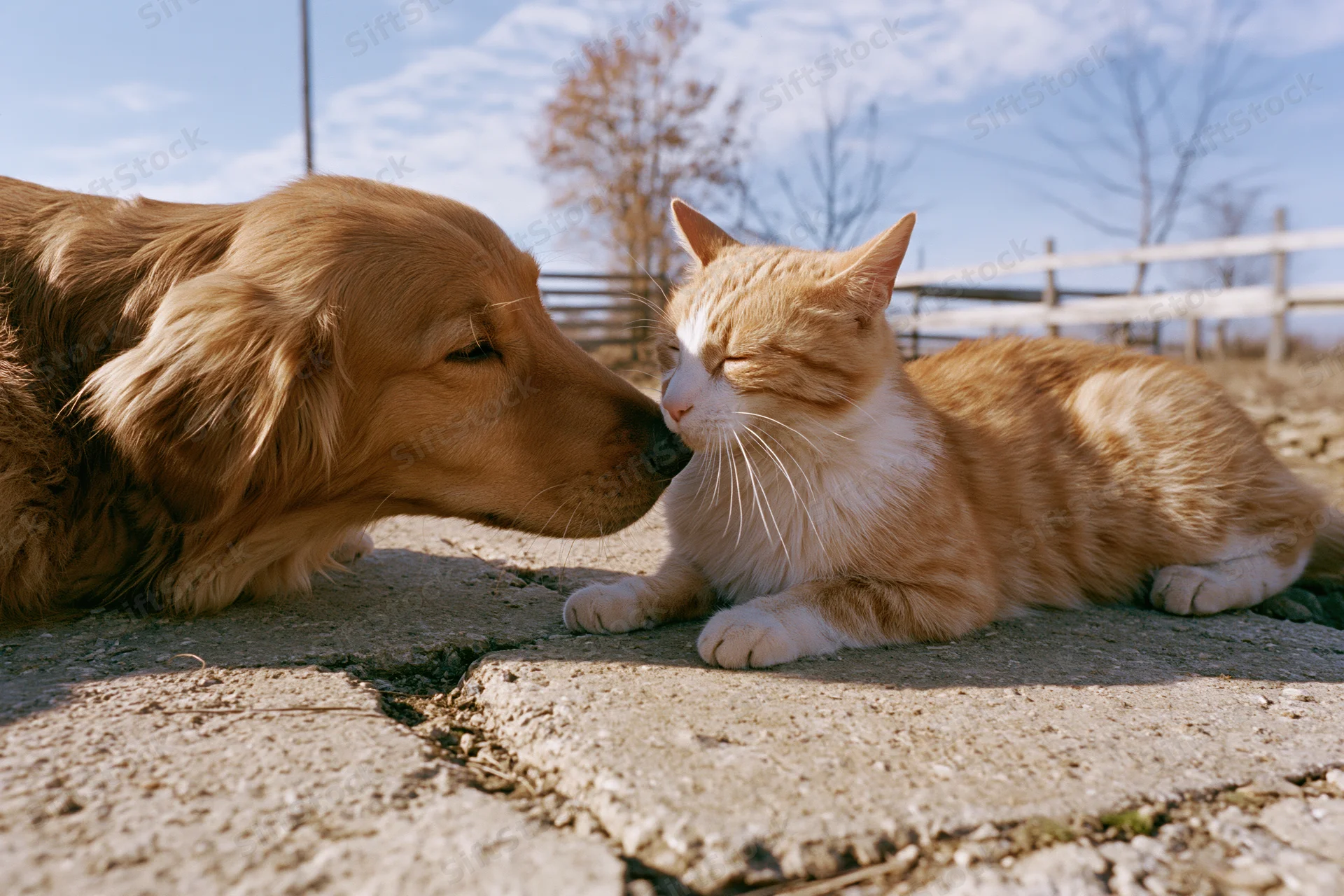 Golden retriever gently nuzzling an orange tabby cat lying on cracked pavement outdoors