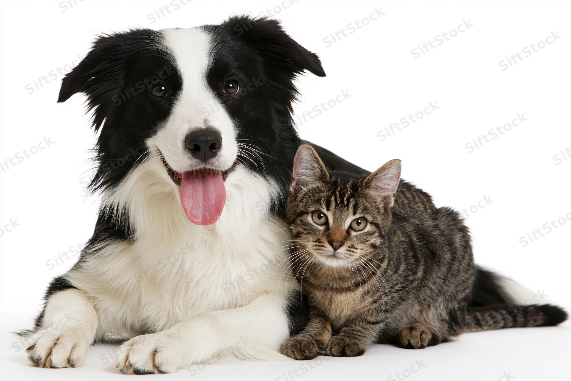 Black and white border collie lying with tongue out beside a tabby cat on white background