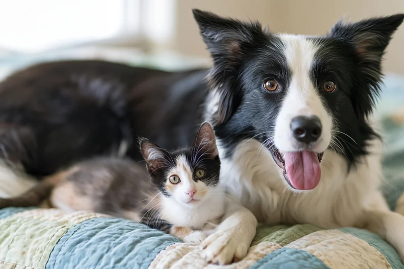 Black and white border collie lying with a calico kitten on a patchwork quilt in a bedroom