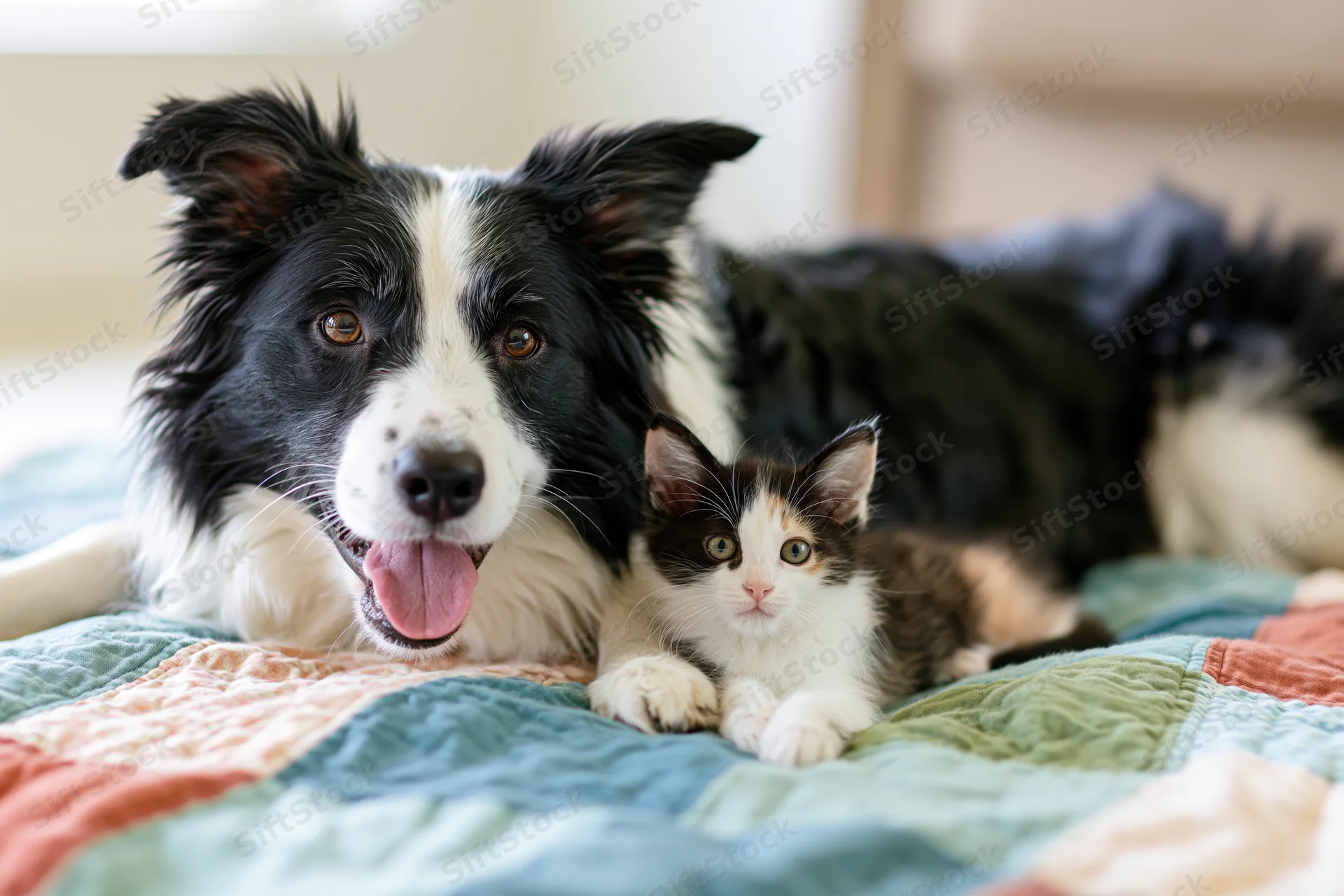 Black and white border collie lying beside a calico kitten on a patchwork quilt indoors