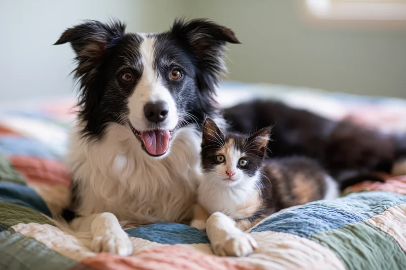 Black and white border collie lying with calico kitten on patchwork quilt in bedroom