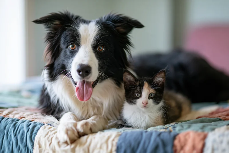 Black and white border collie lying with a calico kitten on a patchwork quilt in a bedroom