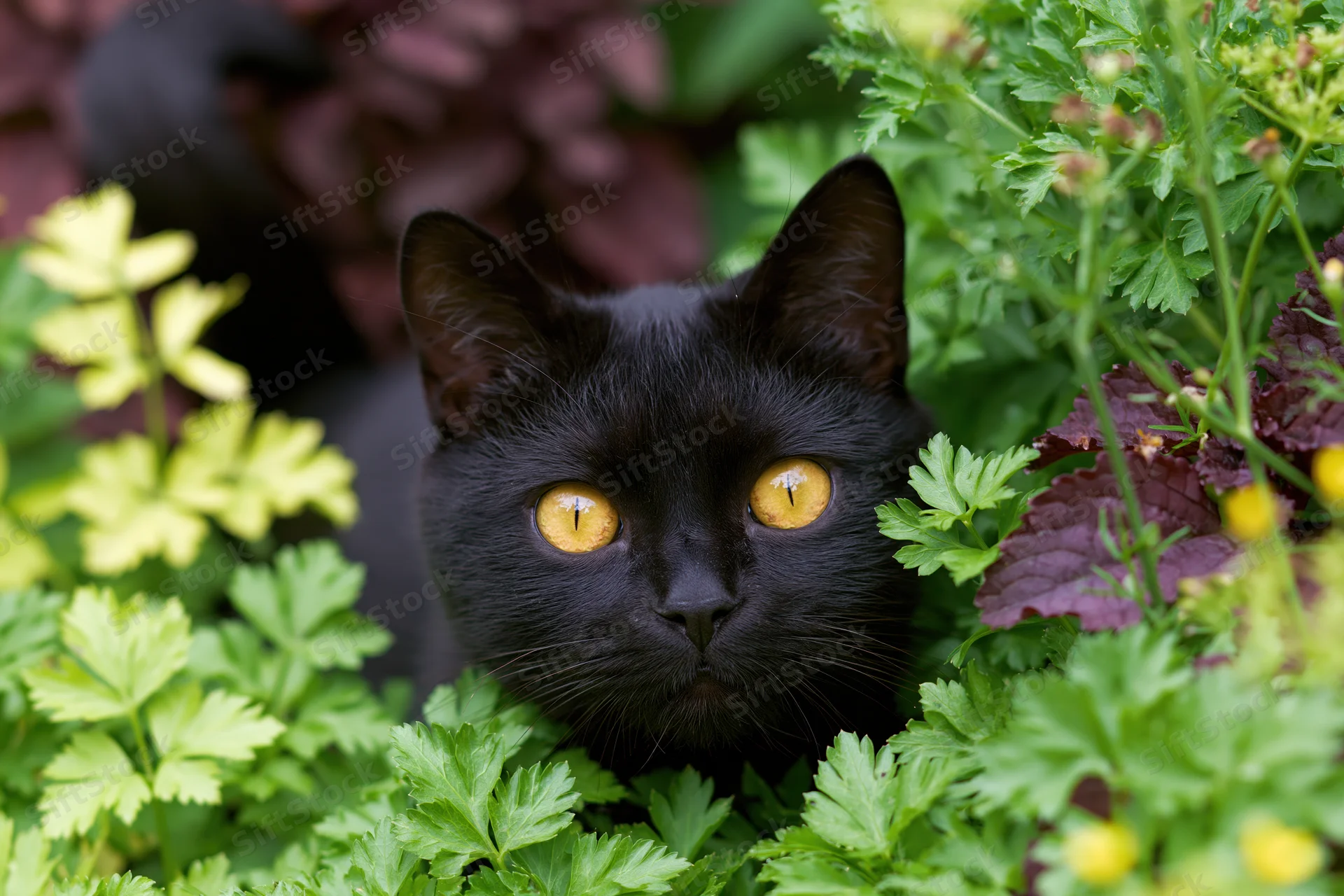 Black cat peeking through green foliage in a garden