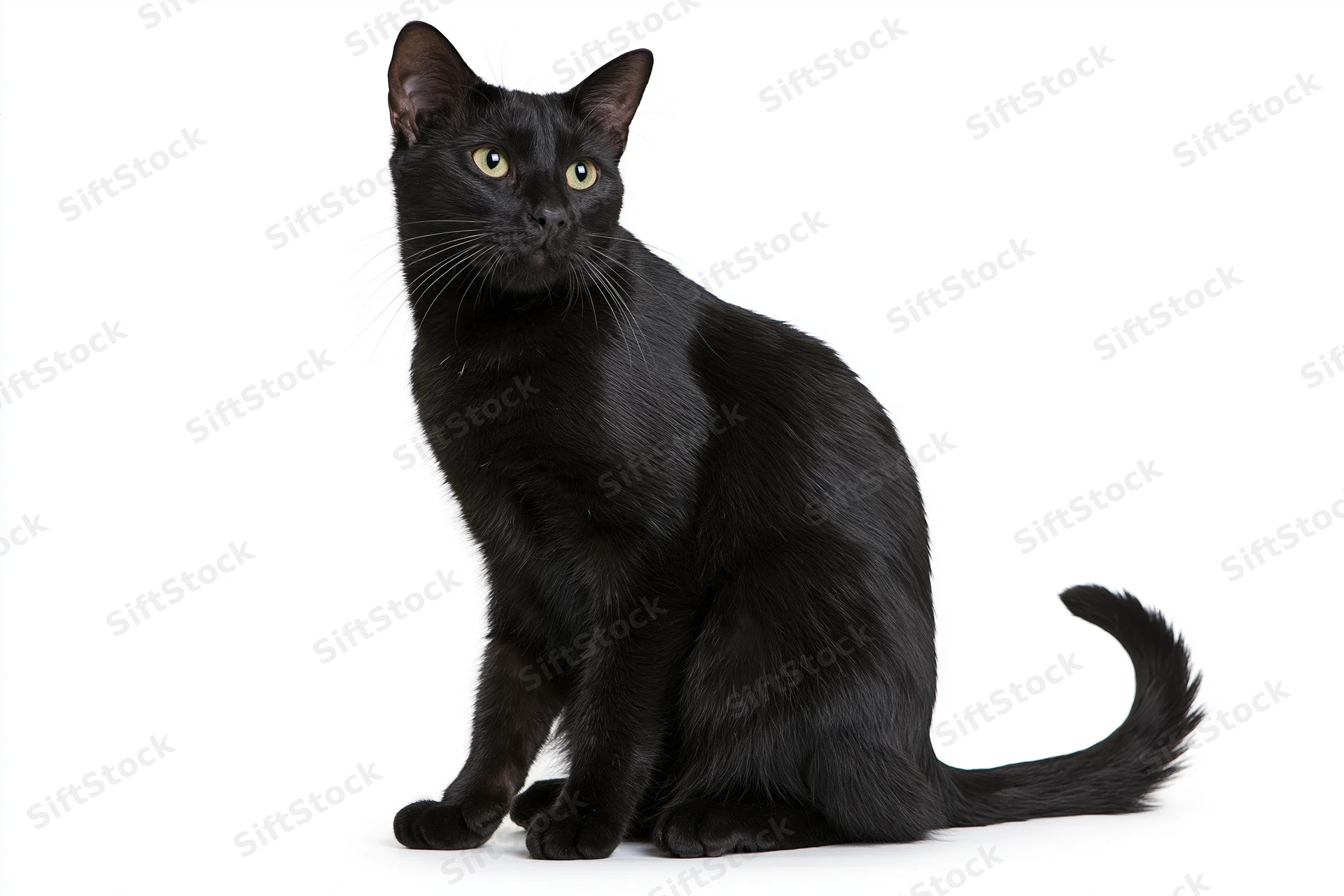 Black domestic cat sitting upright with head turned slightly to the side on white background