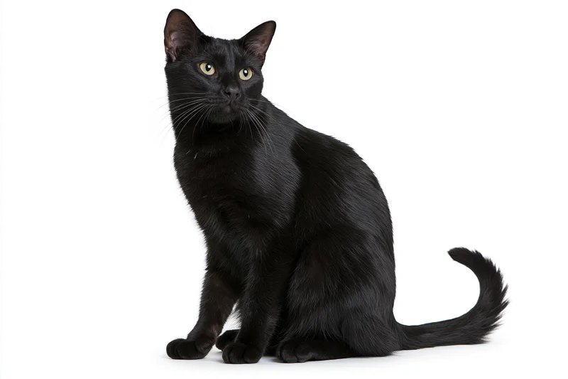 Black domestic cat sitting upright with head turned slightly to the side on white background