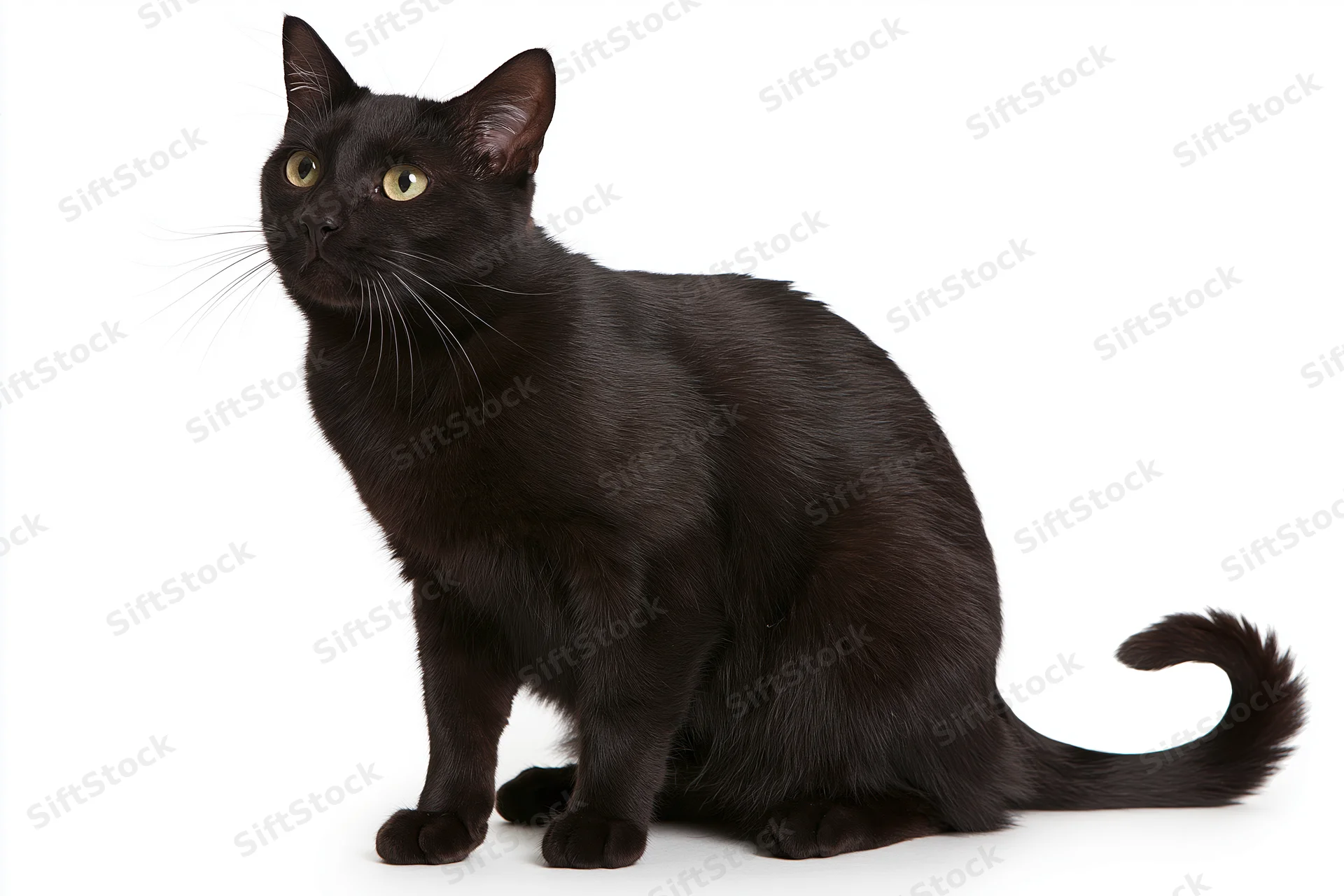 Black domestic cat sitting upright with head turned slightly to the side against white background