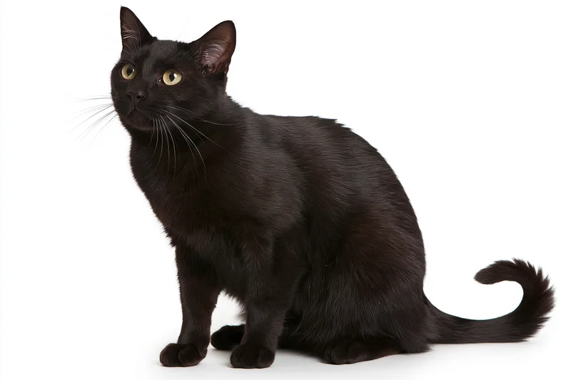 Black domestic cat sitting upright with head turned slightly to the side against white background