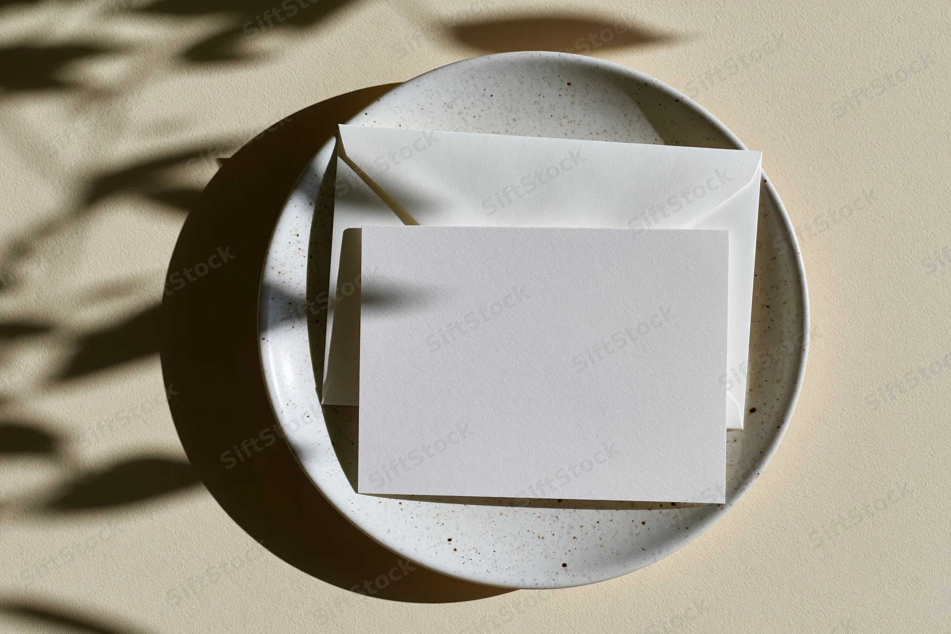 Blank white greeting card and matching envelope on a speckled ceramic plate with leaf shadows