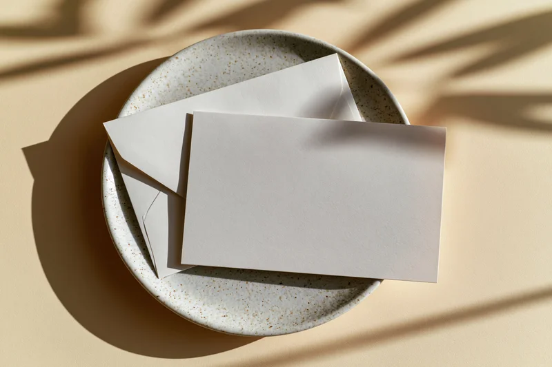 Blank greeting card and envelope on a speckled ceramic plate under natural sunlight with shadows