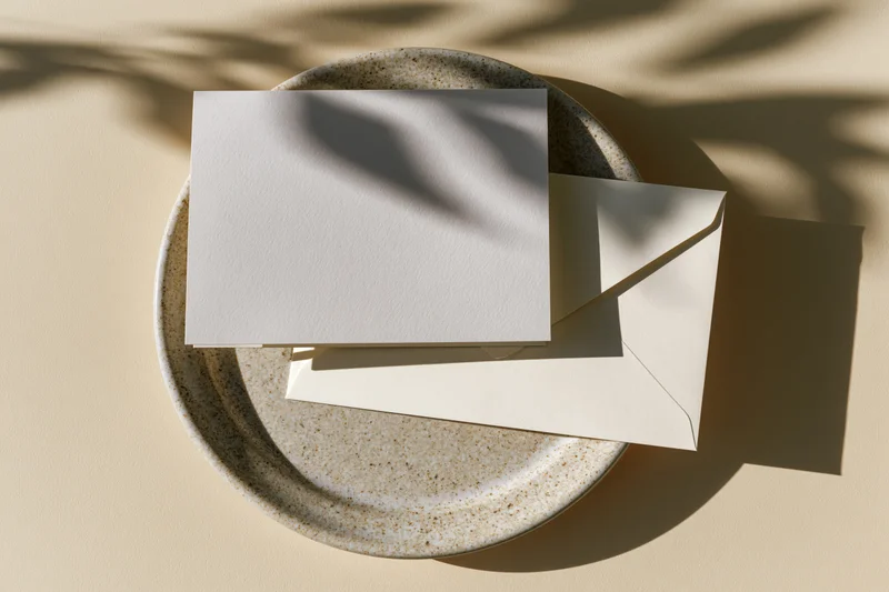 Blank white greeting card and matching envelope on a speckled ceramic plate with dappled sunlight shadows