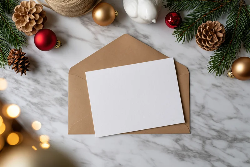 Blank white greeting card on kraft envelope surrounded by christmas decorations on marble surface